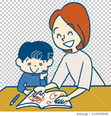 自宅で子供に勉強について褒めて喜ぶお母さん 114836848