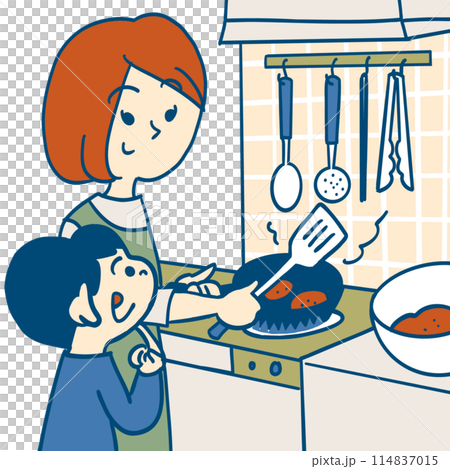 A mother cooking in front of her son in the kitchen, with her son peering in 114837015