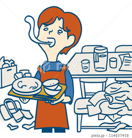乱雑な部屋の中で家事に追われて疲れ切った女性 114837458