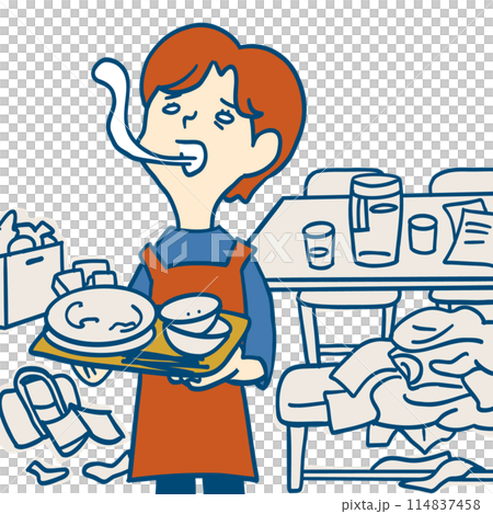 乱雑な部屋の中で家事に追われて疲れ切った女性 114837458
