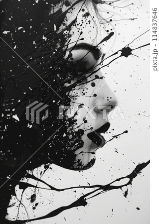 Breathtaking highcontrast monochromatic portrait with a face partially covered in black paint splatters 114837646