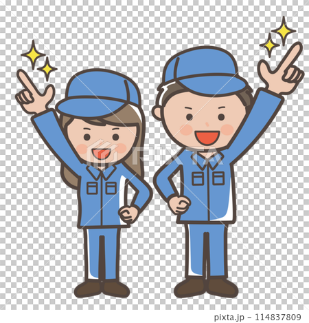 未来に向かって指を指す男女作業員（清掃員）の全身イラスト 114837809