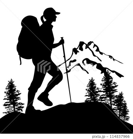 Woman climbing on mountain, mountain range and peak climbing in the mountains silhouette Woman climbing on mountain, mountain range and peak climbing in the mountains silhouette 114837966