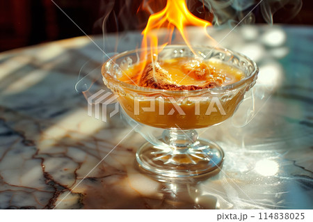 Creme brulee catalana served in a classic ramekin, combination of creamy custard and caramelized sugar 114838025