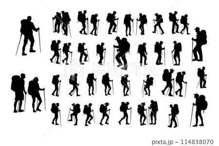 People climbing on mountain, mountain range and peak climbing in the mountains silhouette 114838070