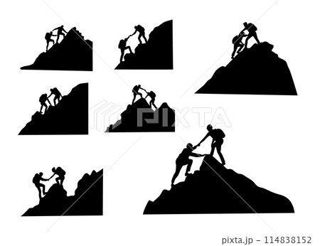 Two people climbing on mountain and helping silhouette. Help and assistance concept. Two men help each other while climbing a mountain	 114838152