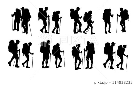 Couple climbing on mountain, man and woman climbing in the mountains silhouette, Climber couple	 114838233