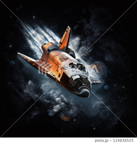 Flying Spaceship Blasts Flames and Smoke on a Take-Off. 114838525