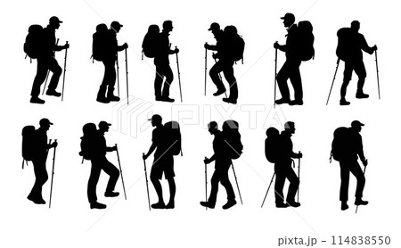 Man climbing on mountain, people climbing in the mountains silhouette	 114838550