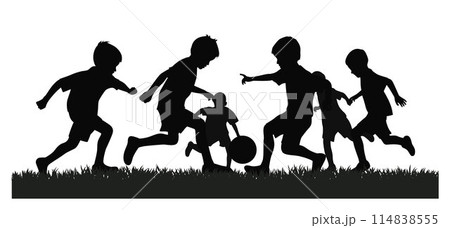 Boys playing soccer or football together, young soccer players playing with ball silhouette, boys soccer players silhouette 114838555