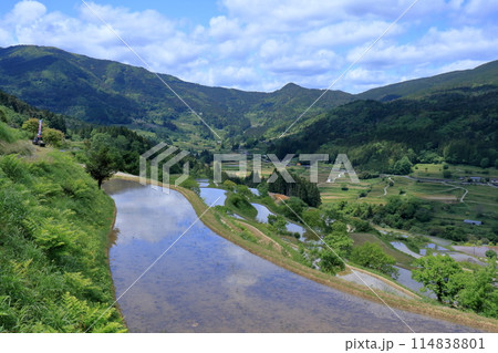 吉延の棚田で一休み 水張り (高知県 本山町) 吉延の棚田で一休み 水張り (高知県 本山町) 114838801