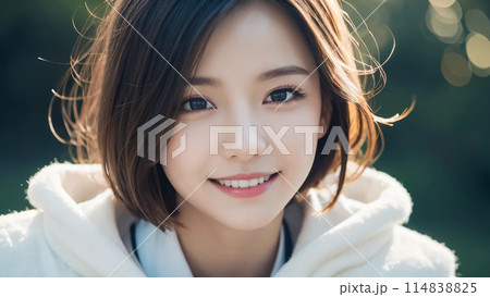 優しく微笑むミディアムヘアの女性 114838825