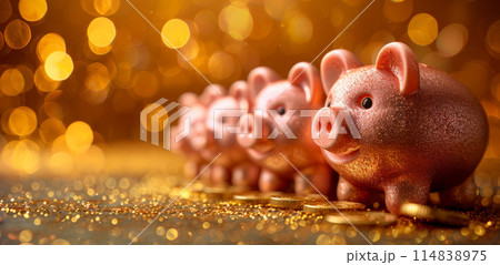 Glittering golden piggy banks lined festive background wealth, prosperity, festive savings 114838975