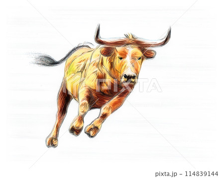 アナログタッチ、手描き風の闘牛のイラスト、油絵風、絵画 丑年、年賀状素材、AI生成画像 アナログタッチ、手描き風の闘牛のイラスト、油絵風、絵画 丑年、年賀状素材、AI生成画像 114839144