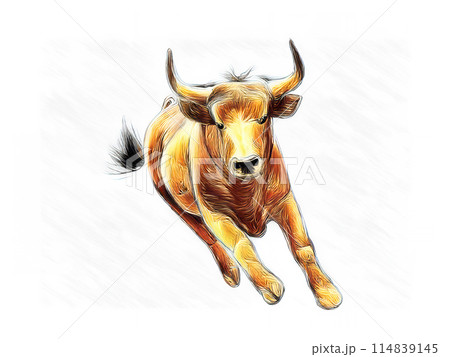アナログタッチ、手描き風の闘牛のイラスト、油絵風、絵画　丑年、年賀状素材、AI生成画像 114839145