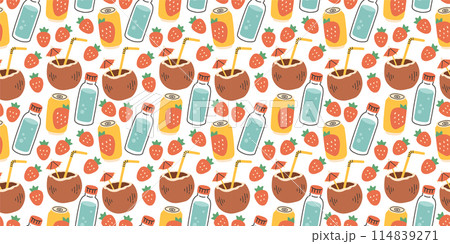 Hand drawn summer pattern with strawberry drink, water, coconut, seamless pattern for fabric, wrapping paper, cover 114839271