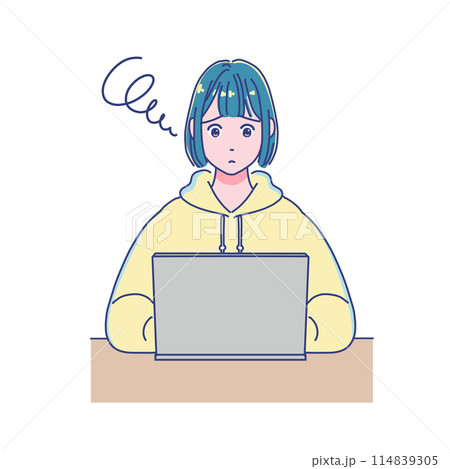 パソコンを使って勉強するアニメ調の女の子 114839305