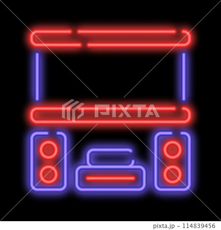 Neon glowing home theater with speakers and projector screen. Premium home cinema equipment. Glowing neon icon isolated on black background Neon glowing home theater with speakers and projector screen. Premium home cinema equipment. Glowing neon icon isolated on black background 114839456