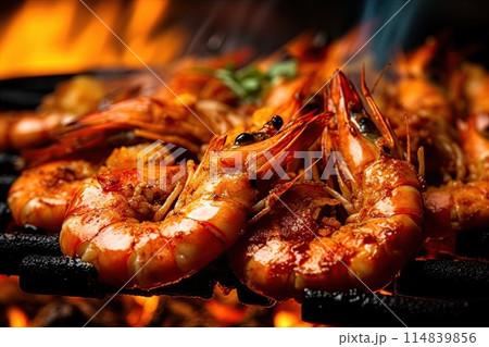 Shrimps cooked on barbecue over the hot coals and fire. Generative Ai image 114839856