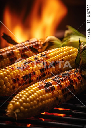 Sweet corn grilled on barbecue over the hot fire. Generative Ai image 114840790
