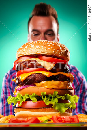 Giant stacked hamburger and a man in background. Generative Ai image Giant stacked hamburger and a man in background. Generative Ai image 114840903