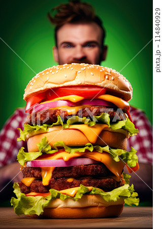 Large hamburger on the table with a very hungry man in a background. Generative Ai image Large hamburger on the table with a very hungry man in a background. Generative Ai image 114840929