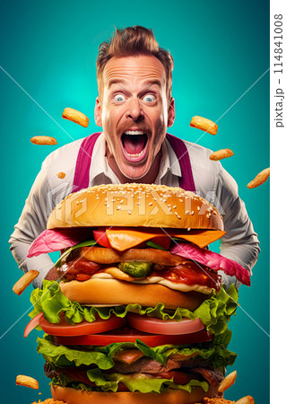 Large stacked hamburger and amazed hungry man. Generative Ai image 114841008