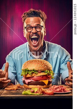 Happy man prepared to eat a big hamburger. Generative Ai image Happy man prepared to eat a big hamburger. Generative Ai image 114841015