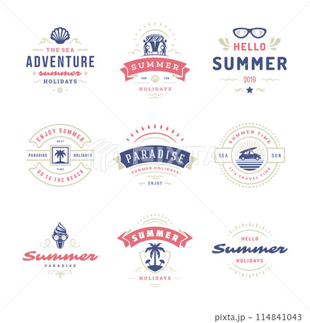 Summer holidays labels and badges retro typography design set. 114841043