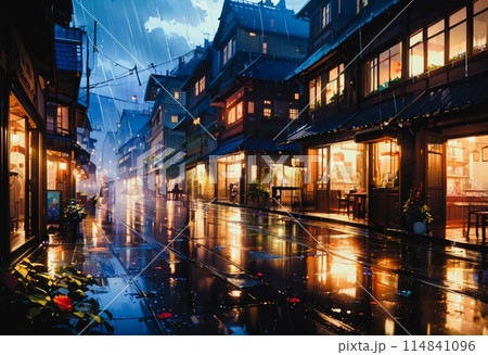 夕立の雨降るレトロな雰囲気のある街並みのイラスト素材 [114841096] - PIXTA
