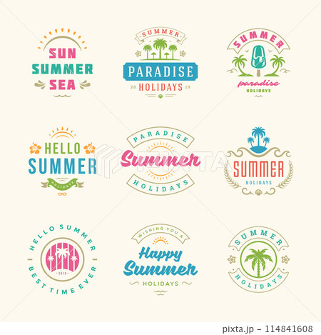 Summer holidays labels and badges retro typography design set. 114841608