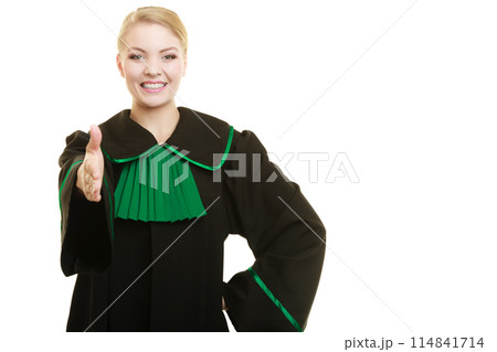 woman lawyer making welcome inviting gesture woman lawyer making welcome inviting gesture 114841714