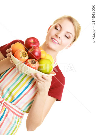 housewife or seller offering healthy fruit isolated 114842050