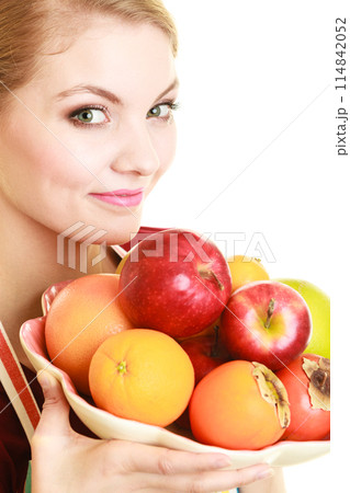 housewife or seller offering healthy fruit isolated 114842052