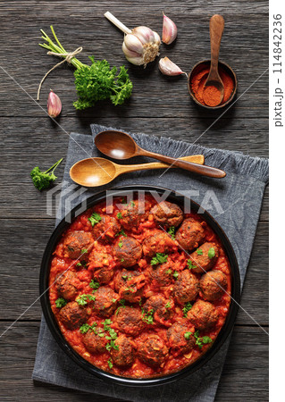 Albondigas, mexican meatballs in dish, top view 114842236