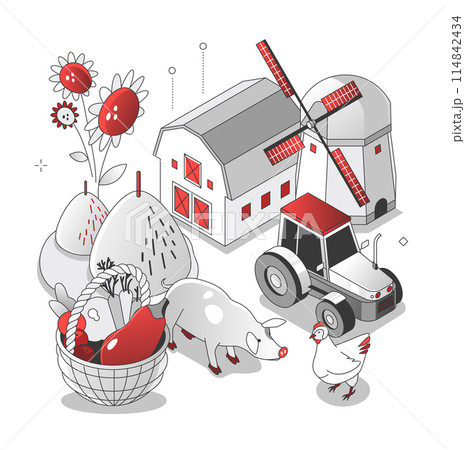 Farm - isometric black and red line illustration 114842434