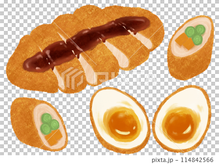 Illustration of fried pork cutlet with sauce and vegetables 114842566