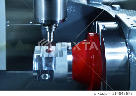 CNC lathe milling machine cutting the metal part , The hi-technology parts manufacturing CNC lathe milling machine cutting the metal part , The hi-technology parts manufacturing 114842678