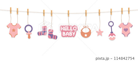 baby shower welcome greeting card for childbirth with pink hanging utensils vector illustration 114842754