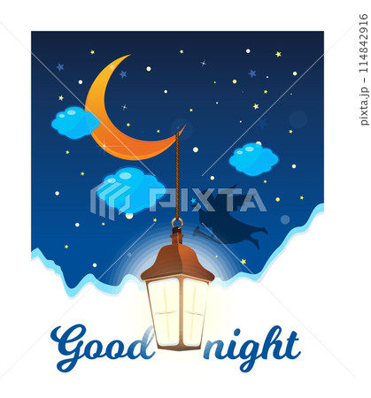 Good night. Poster with wishes. An angel flies in the night sky 114842916