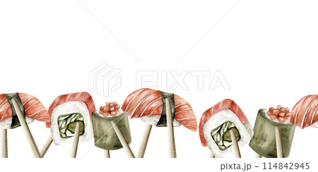 Sushi and sashimi in wooden chopsticks watercolor seamless border. Japanese sea food with salmon, caviar , eating clip art for restaurant menu, cafe, sushi bar design Sushi and sashimi in wooden chopsticks watercolor seamless border. Japanese sea food with salmon, caviar , eating clip art for restaurant menu, cafe, sushi bar design 114842945