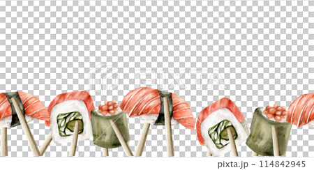 Sushi and sashimi in wooden chopsticks watercolor seamless border. Japanese sea food with salmon, caviar , eating clip art for restaurant menu, cafe, sushi bar design Sushi and sashimi in wooden chopsticks watercolor seamless border. Japanese sea food with salmon, caviar , eating clip art for restaurant menu, cafe, sushi bar design 114842945