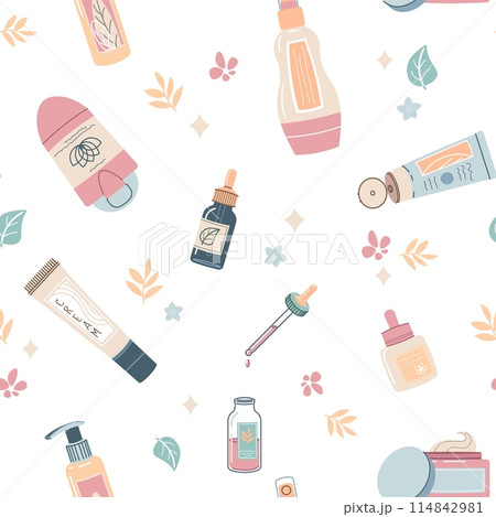 Seamless pattern with bottles of cosmetic products. Cream, lotion, serum for face and body. Personal care, hygiene. Vector flat illustration for texture, background, wallpaper, fabric Seamless pattern with bottles of cosmetic products. Cream, lotion, serum for face and body. Personal care, hygiene. Vector flat illustration for texture, background, wallpaper, fabric 114842981