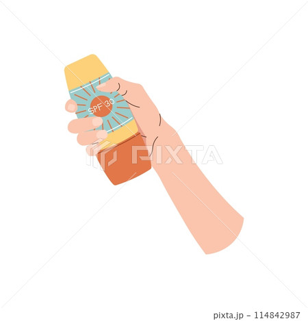Hand holding sunscreen. Skin care. Protection from the sun and sun rays, healthy skin, even tan. Vector flat illustration on isolated background 114842987