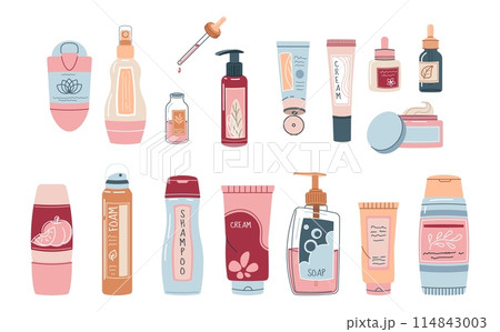 Set of various bottles on an isolated background. Cream, lotion, oil, shampoo for personal care. Beauty products for face and body skin care 114843003