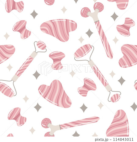 Seamless pattern with gua sha massagers. Facial skin care. Simple texture in flat style. Great for decor and design 114843011
