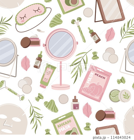 Seamless pattern with cosmetic products for facial skin care in the morning. Beauty products for moisturizing and skin care. Morning hygiene procedures. Gua sha massage. Vector flat illustration Seamless pattern with cosmetic products for facial skin care in the morning. Beauty products for moisturizing and skin care. Morning hygiene procedures. Gua sha massage. Vector flat illustration 114843024