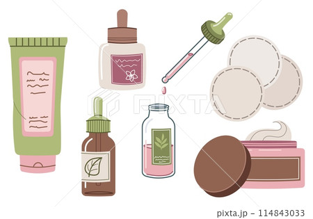 Facial care cosmetics. Cream, serum and peeling pads to moisturize and cleanse the skin. Vector flat illustration for design and stickers. 114843033