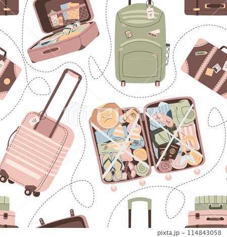 Seamless pattern with suitcases and bags. Endless background with luggage. Travel around the world, adventure. Great for wallpaper, scrapbooking, fabric Seamless pattern with suitcases and bags. Endless background with luggage. Travel around the world, adventure. Great for wallpaper, scrapbooking, fabric 114843058