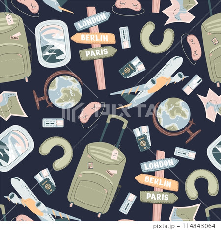 Seamless pattern with tourist items. Endless...のイラスト素材 [114843064] - PIXTA
